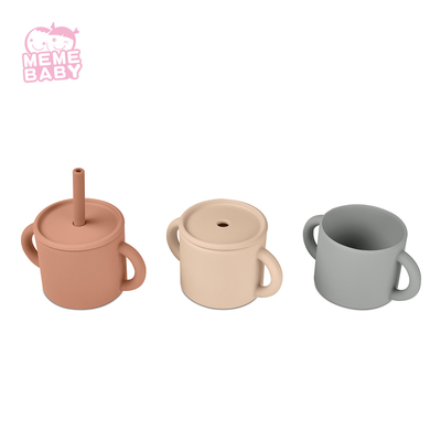 Non Toxic Silicone Baby Cup Two Handles No Spill Food Grade Baby Sippy Cup With Straw